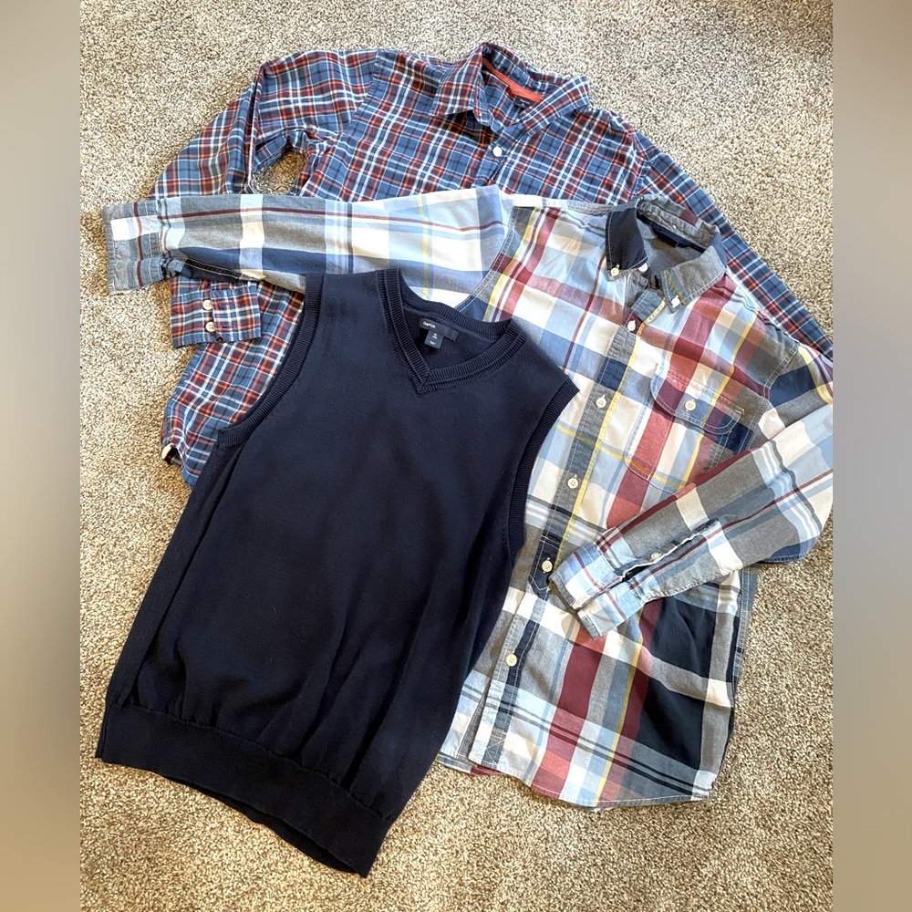 Two Gap GapKids Boys Blue Plaid Dress Shirts & Vest size 12 XL- Bundle of 3!